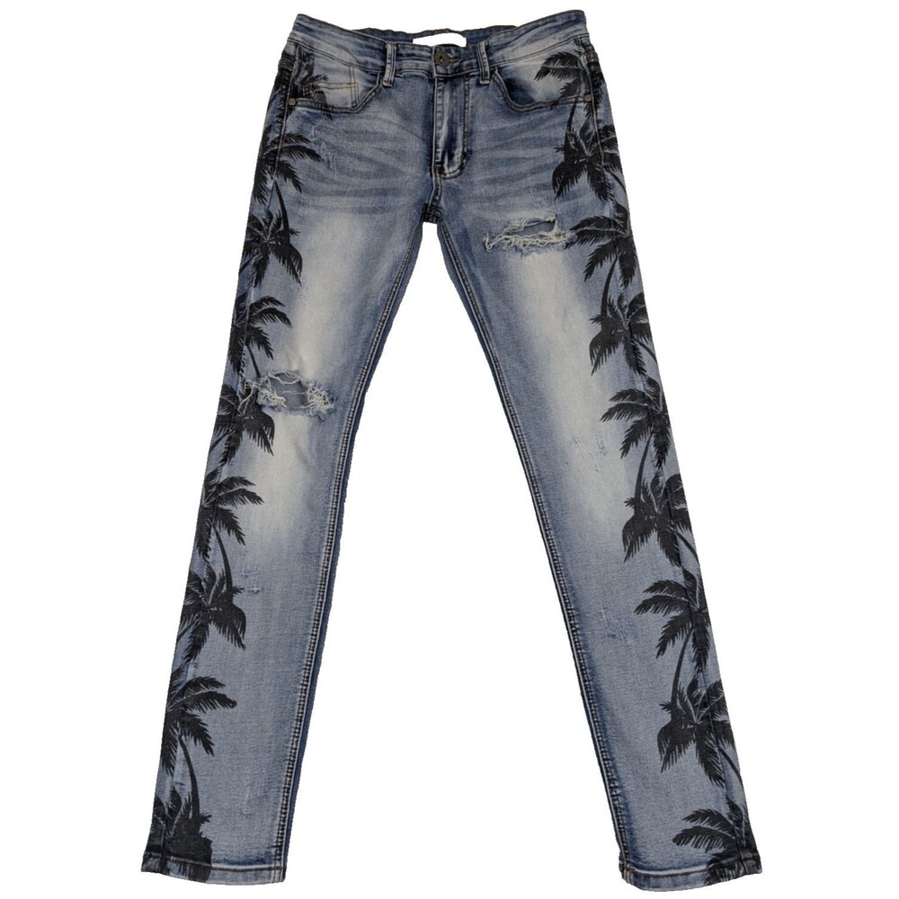 KDNK Palm Tree Jeans Men’s 30 Blue Skinny Stretch Distressed 11/4/14/11
